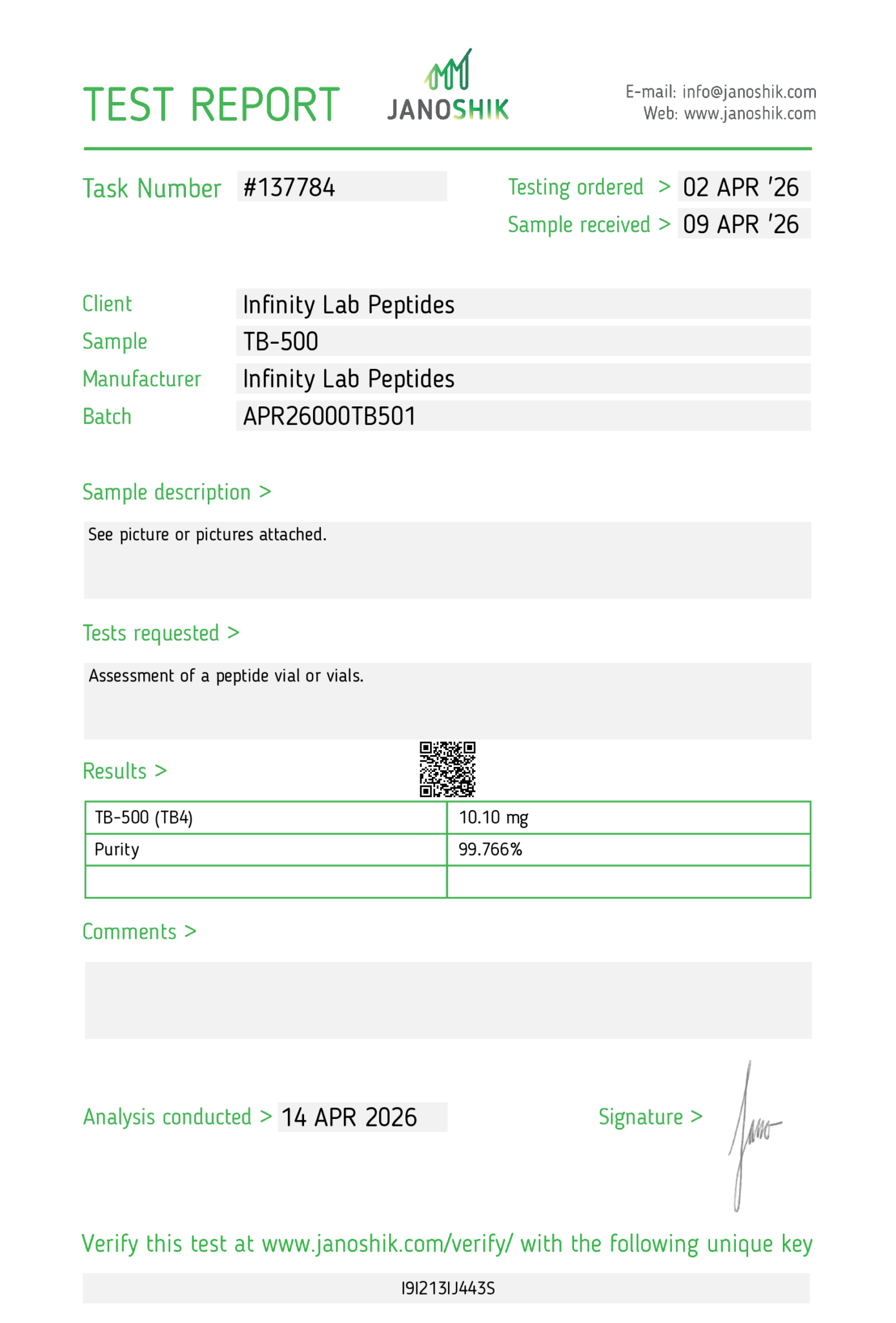 Peptide Certificates COA Canada | Infinity Lab Peptides