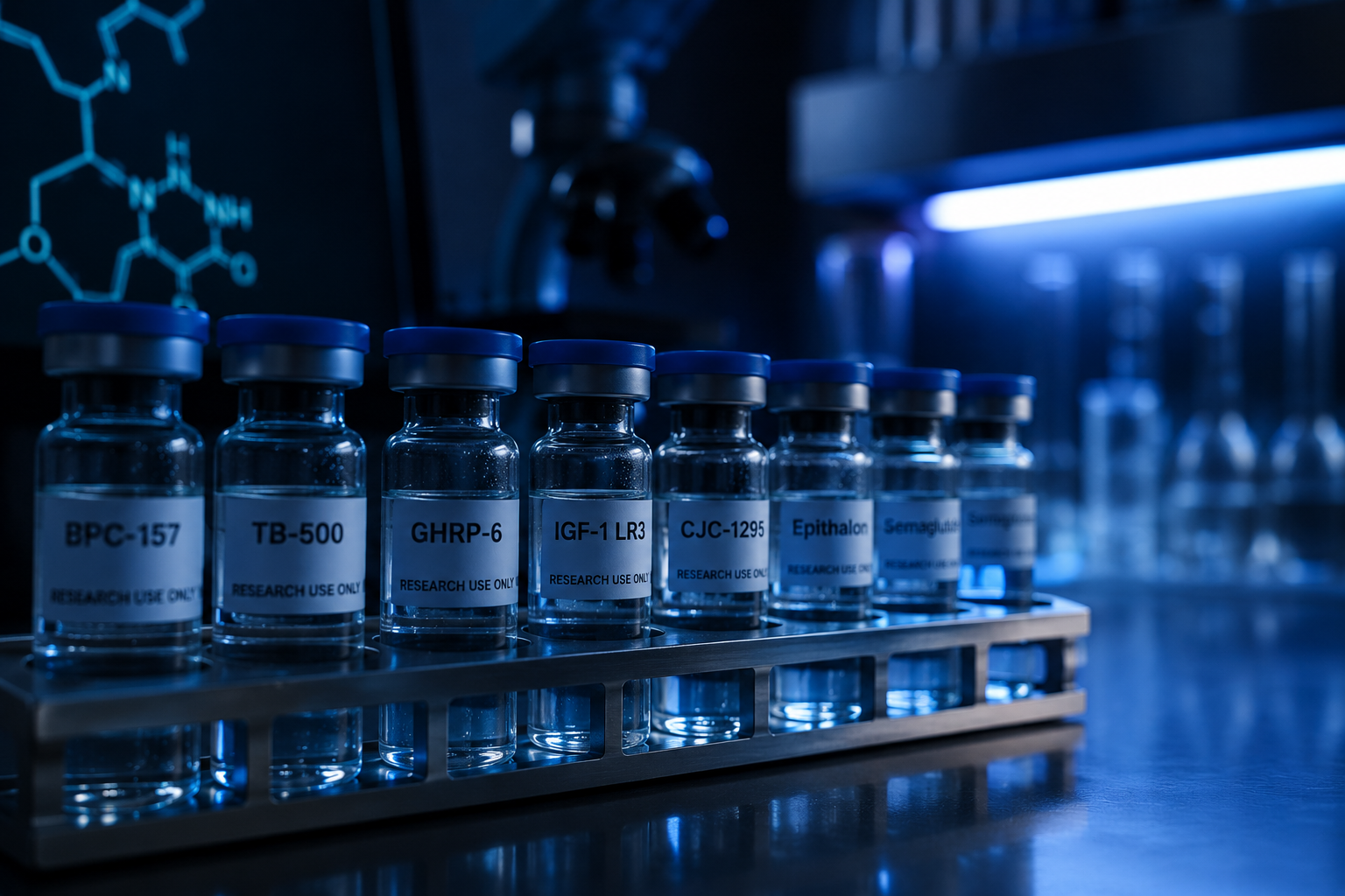 Research peptides in glass laboratory vials on a steel rack with blue-tinted lab lighting