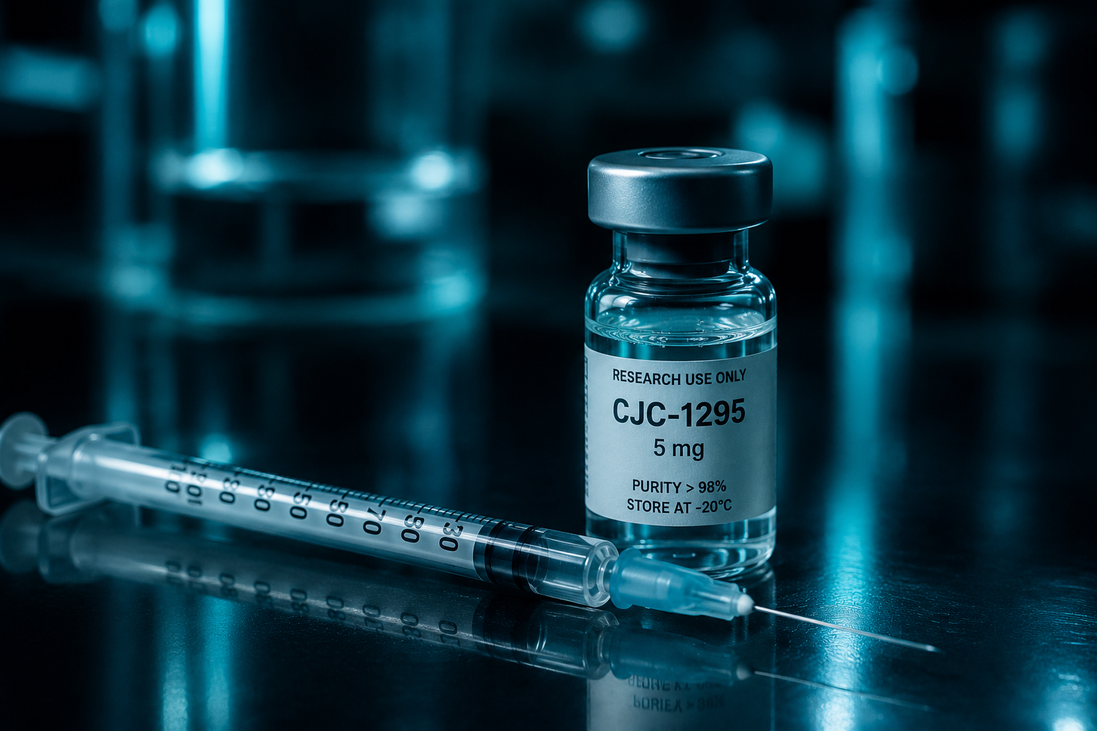 Clinical syringe and research peptide vial on a dark lab surface illustrating the difference between Ozempic and research peptides