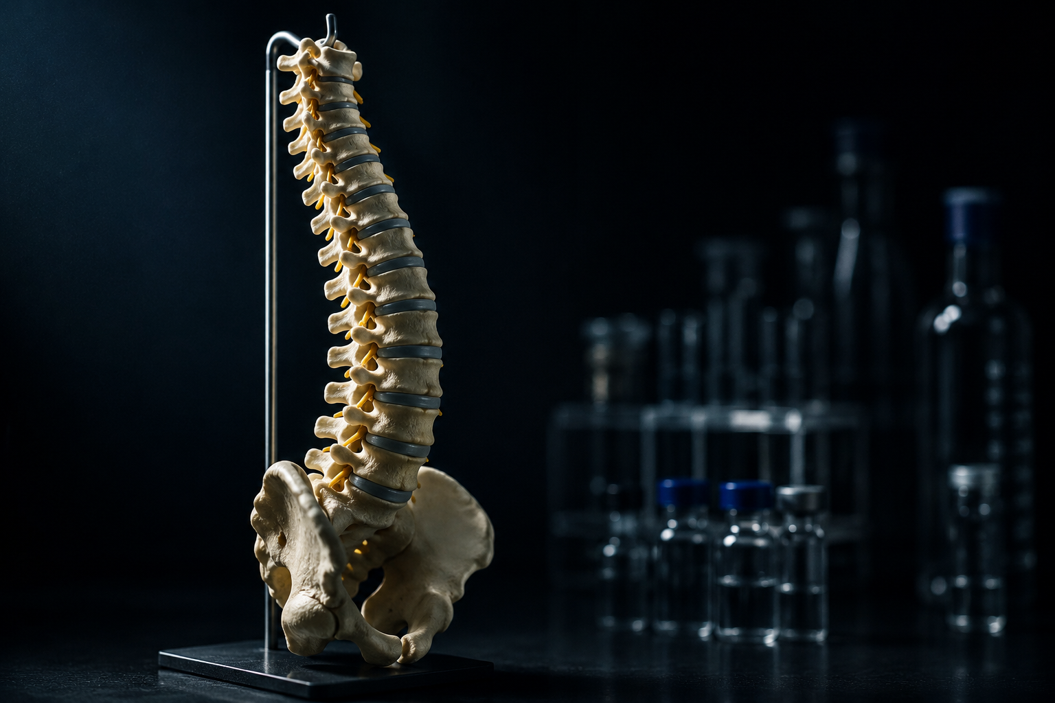 Human spine anatomical model with research peptide vials in the background representing peptide research for SI joint pain