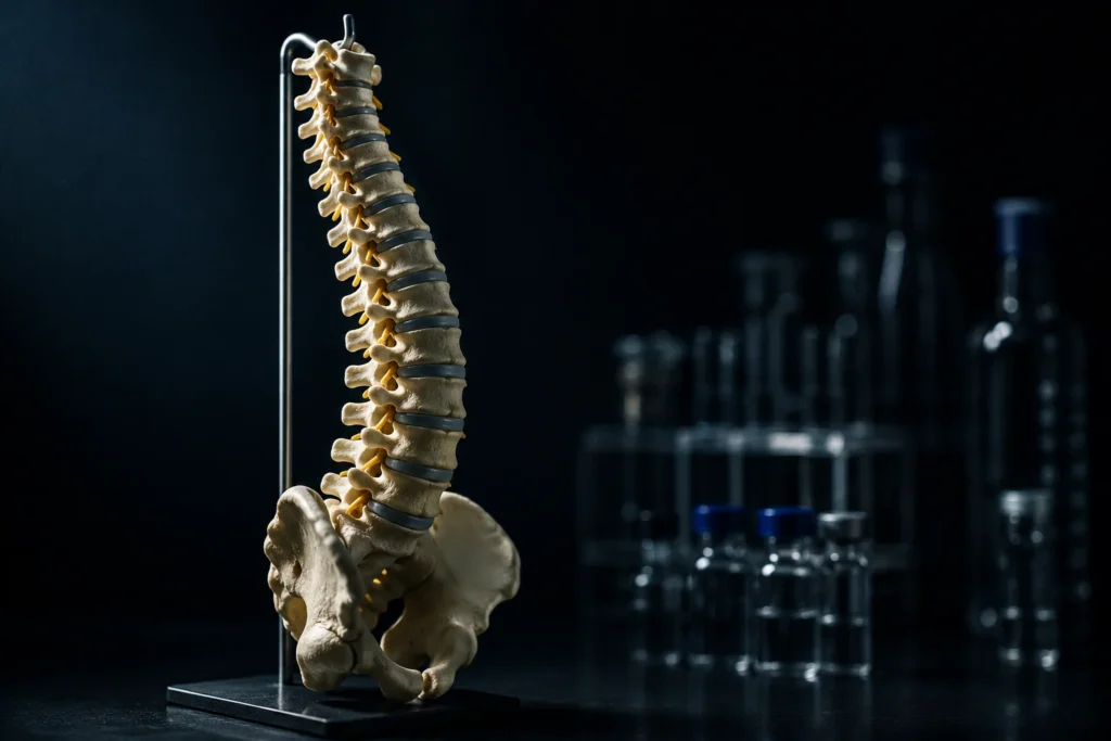 Human spine anatomical model with research peptide vials in the background representing peptide research for SI joint pain