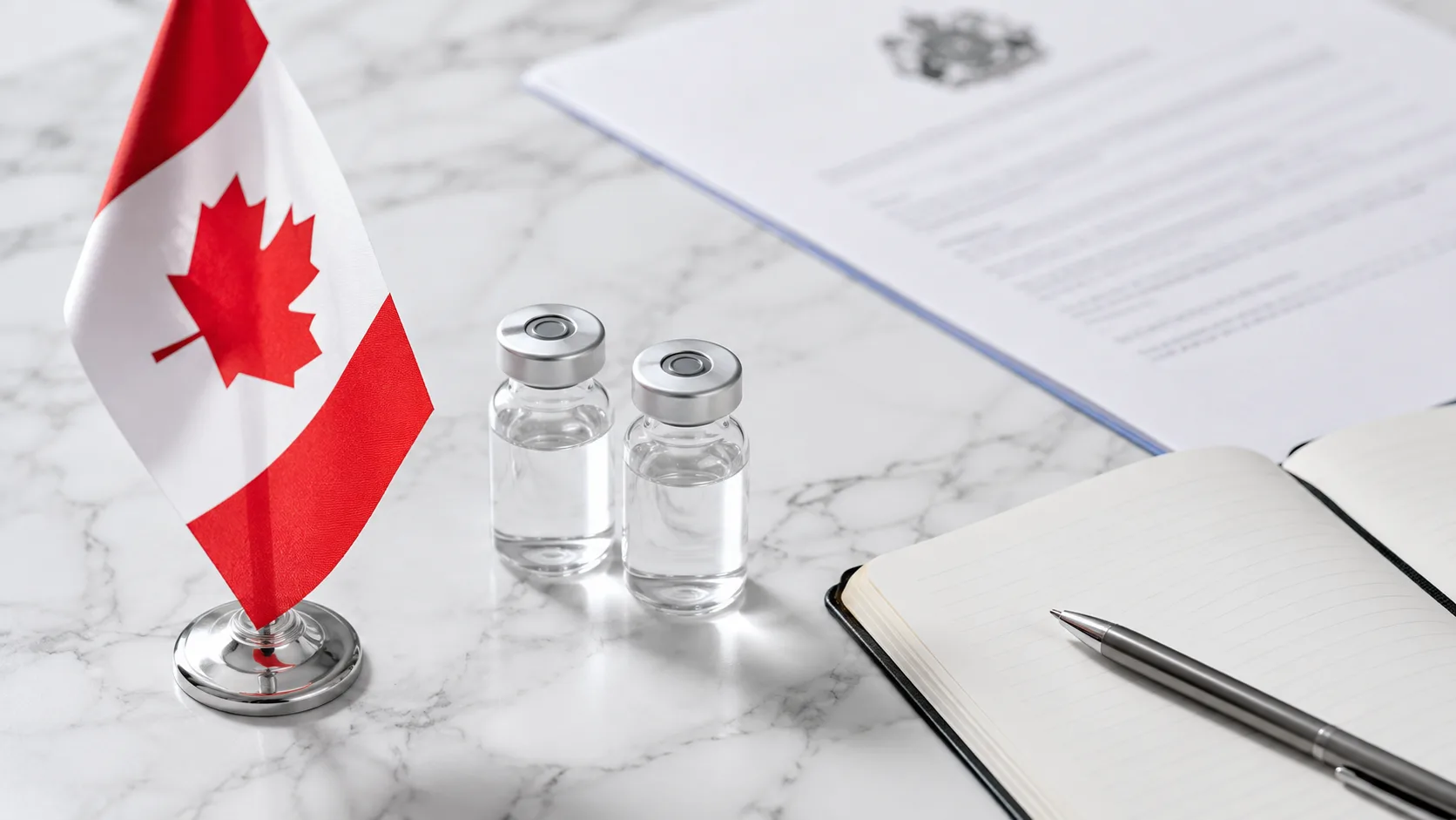 Canadian flag alongside research peptide vials and a Health Canada regulatory document on a professional desk