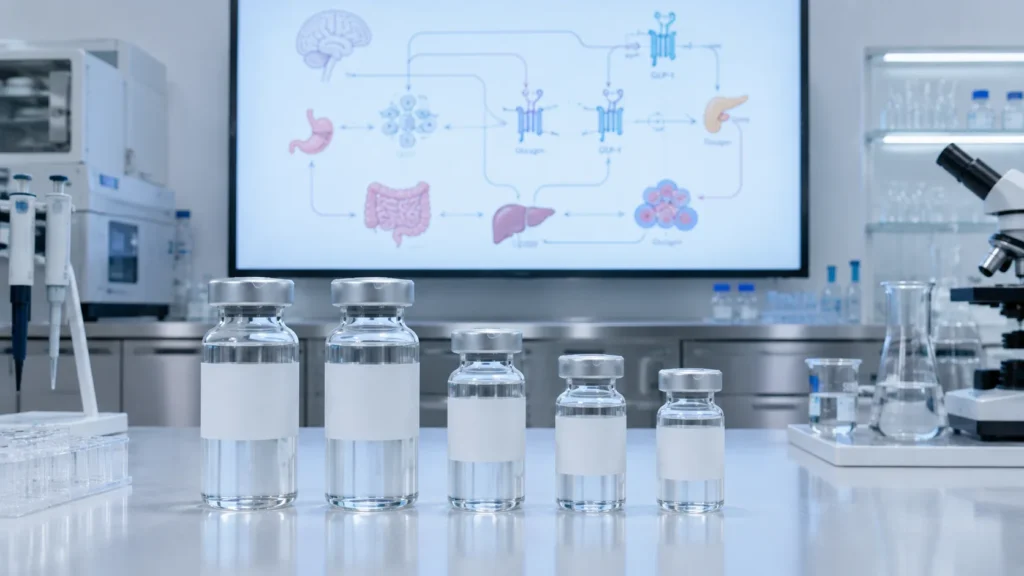Row of labeled research peptide vials for metabolic research on a laboratory bench with molecular pathway diagram