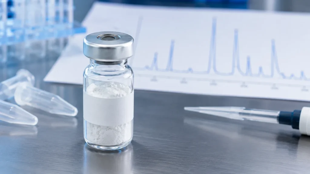 Close-up of BPC-157 peptide research vial with HPLC purity graph and laboratory equipment in background