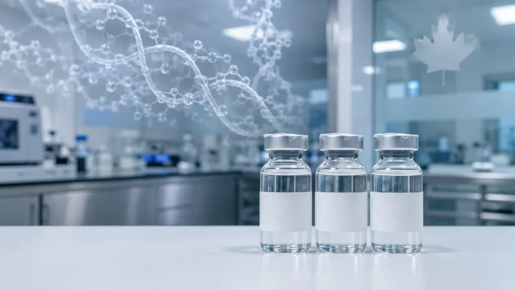 Research vials of retatrutide peptide in a Canadian laboratory setting with molecular diagram overlay
