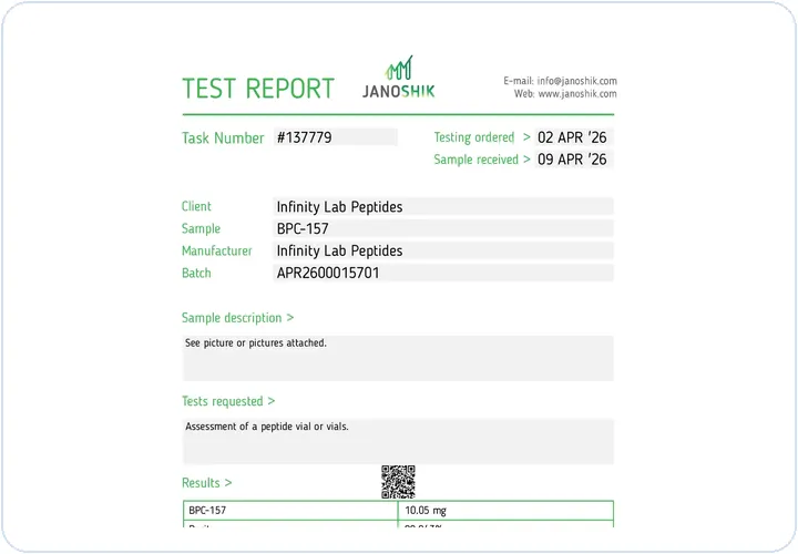 Certificate of Analysis Bpc157 COA Card Preview — BPC 157 vs TB 500 Research Peptide Comparison, Infinity Lab Peptides