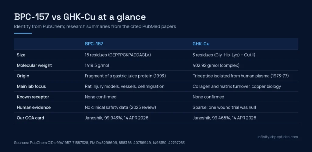 Comparison table of BPC-157 and GHK-Cu: size, molecular weight, origin, lab focus, receptor, human evidence and COA card