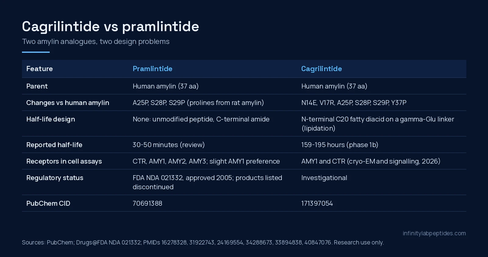 Comparison table of pramlintide and cagrilintide: sequence changes, half-life design, reported half-life, receptors and regulatory status