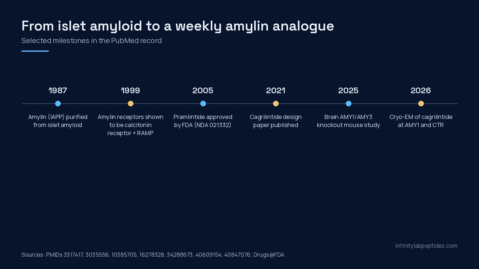 Timeline from the 1987 purification of amylin to 2026 cryo-EM structures of cagrilintide