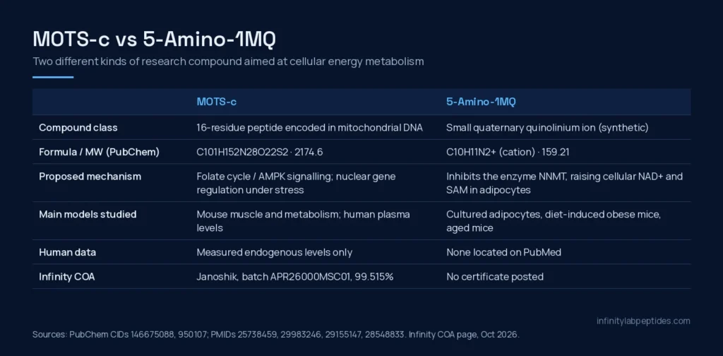 Comparison table of MOTS-c and 5-Amino-1MQ: class, formula, mechanism, models, human data and COA status