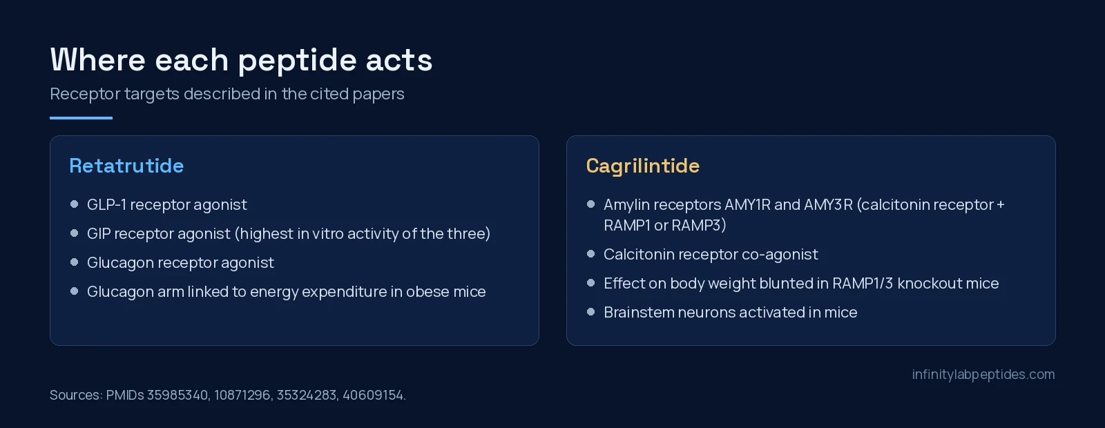 Diagram of the receptors targeted by retatrutide and by cagrilintide