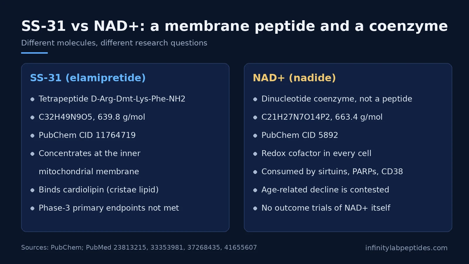 Comparison card: SS-31 (elamipretide) tetrapeptide vs NAD+ dinucleotide coenzyme, identity and research focus